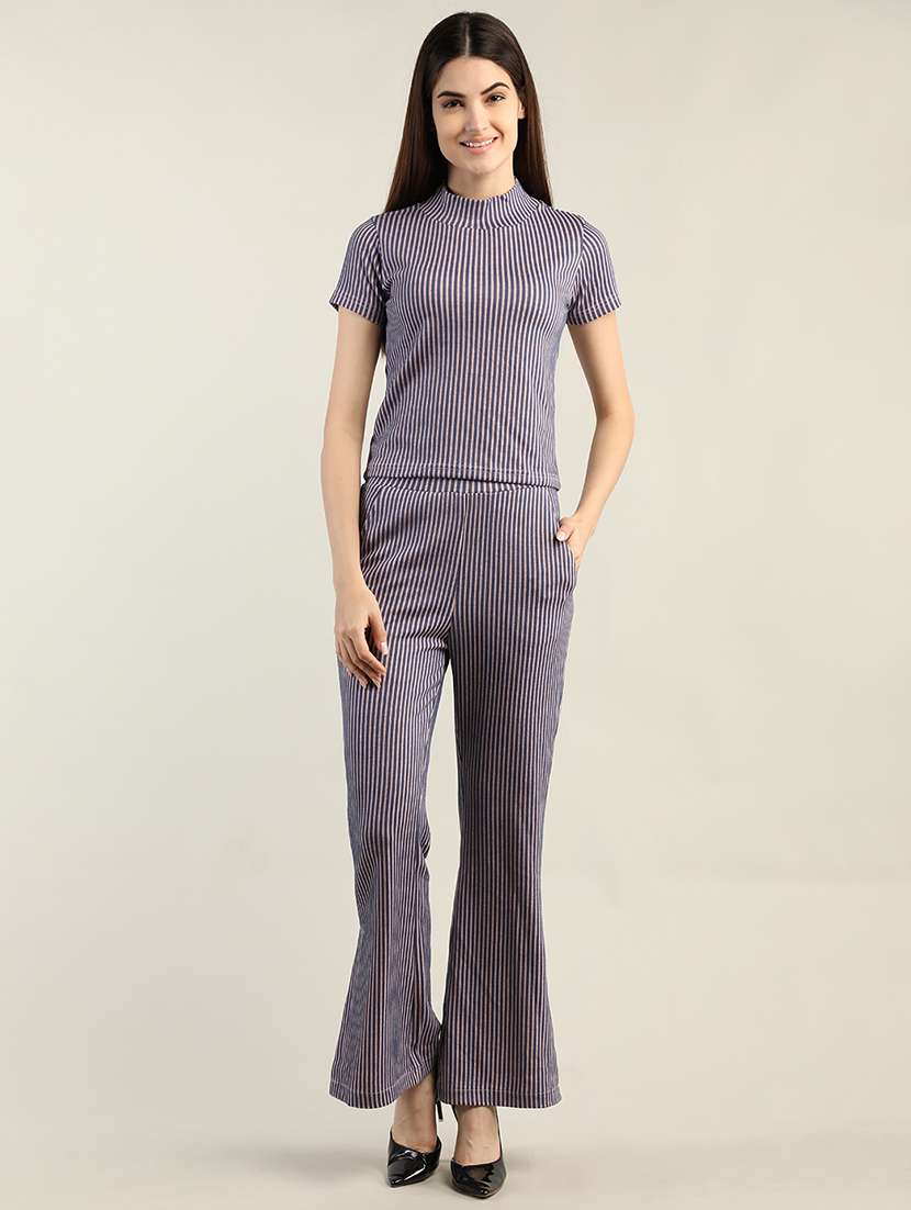 women blue stripes top & mid-rise trouser set