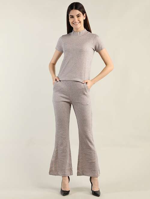 women beige stripes top & mid-rise trouser set - 20683908 -  Standard Image - 0