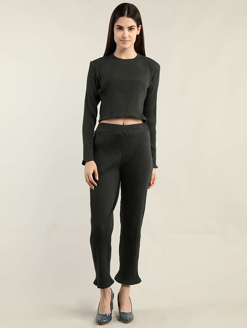 women green solid top & mid-rise trouser set