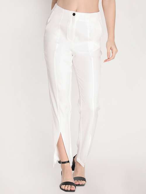 women mid-rise white solid full length trouser - 20683914 - Standard Image - 0