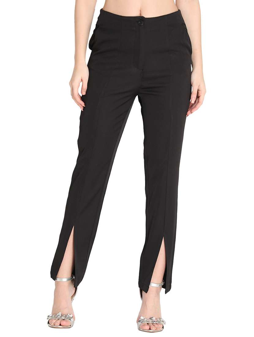 women solid black pleated trouser