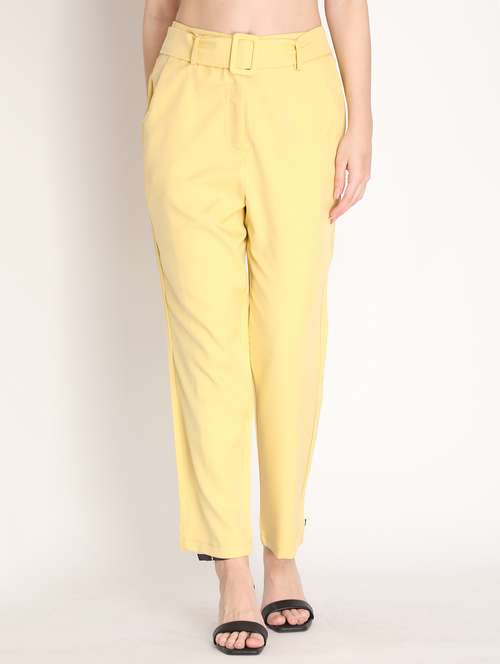 women yellow solid flat front trouser - 20683920 -  Standard Image - 0