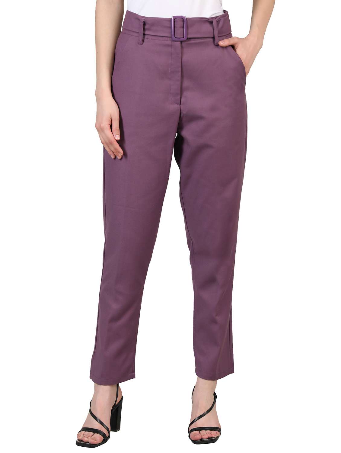 solid purple belted trouser
