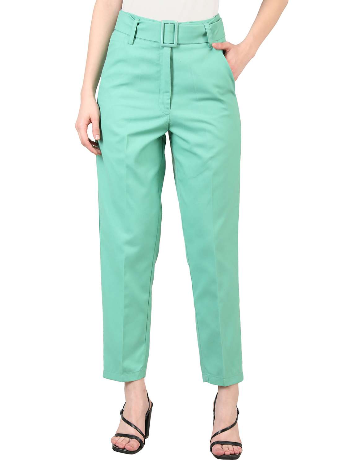 women mid-rise green solid track pant