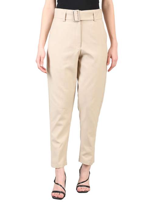 solid beige belted trouser - 20683932 -  Standard Image - 0