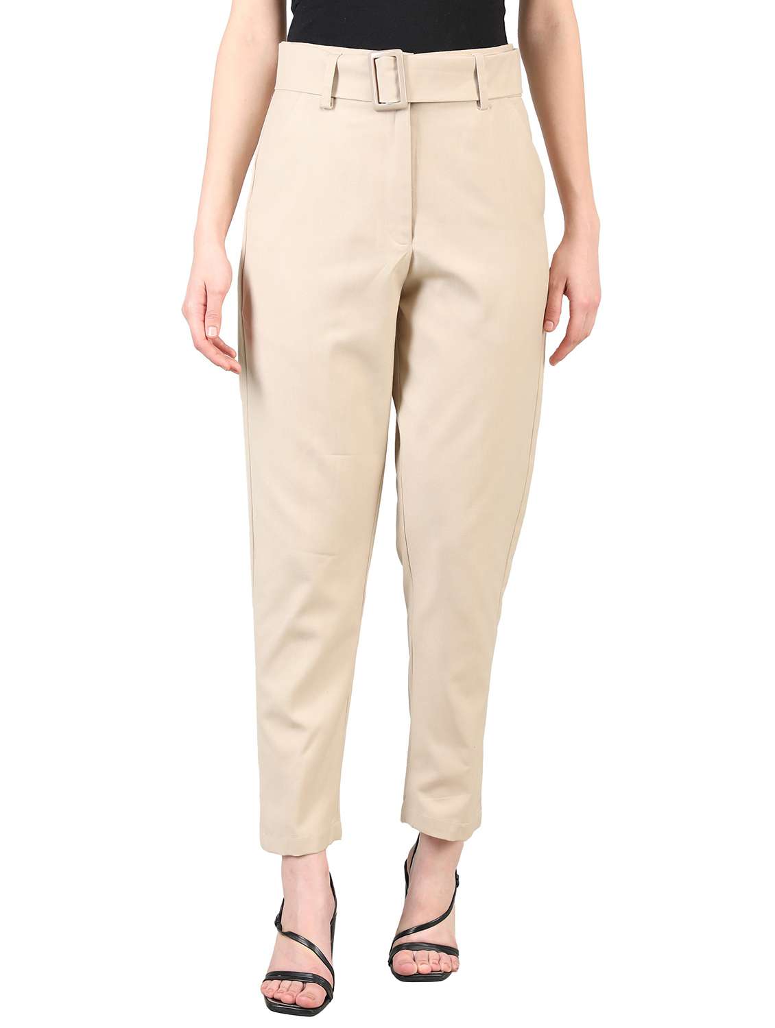 solid beige belted trouser