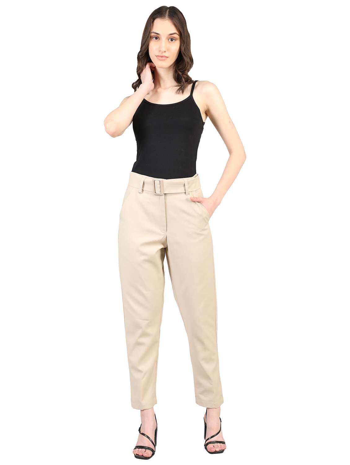 solid beige belted trouser - 20683932 - Standard Image - 3