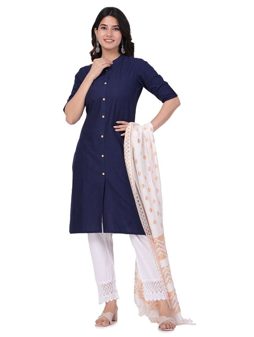women navy blue mandarin neck suit set - 20685841 - Standard Image - 3