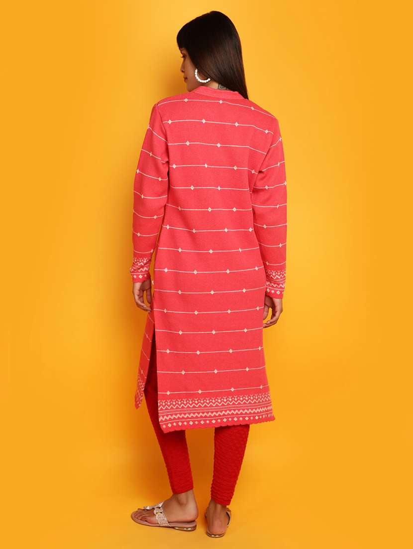 coral self design woolen kurta - 20685940 - Standard Image - 3