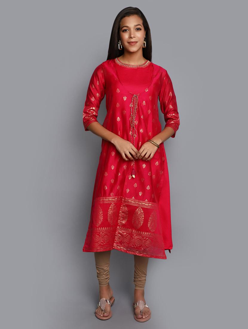 fuchsia three quarter sleeve layered kurta - 20686044 - Zoom Image - 0