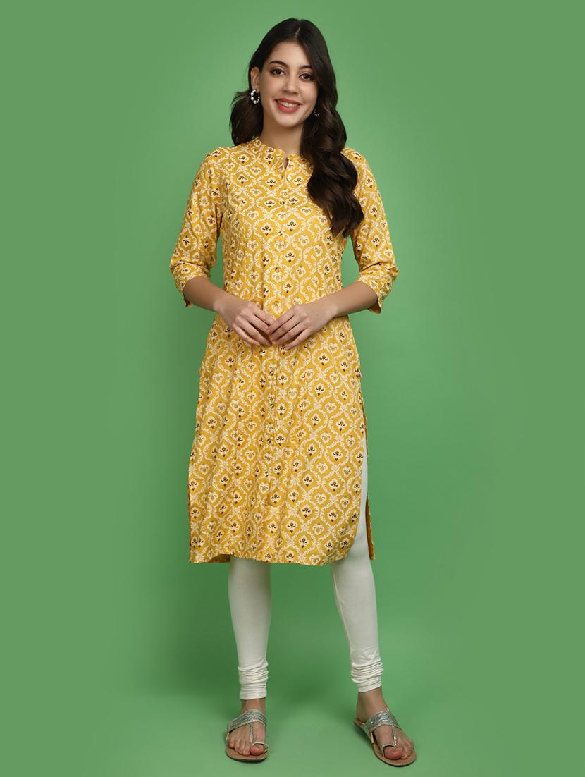 yellow three quarter sleeve straight kurta - 20686072 - Zoom Image - 0