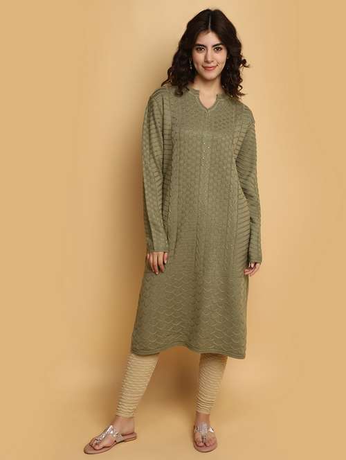 olive self design woolen kurta - 20686080 -  Standard Image - 0