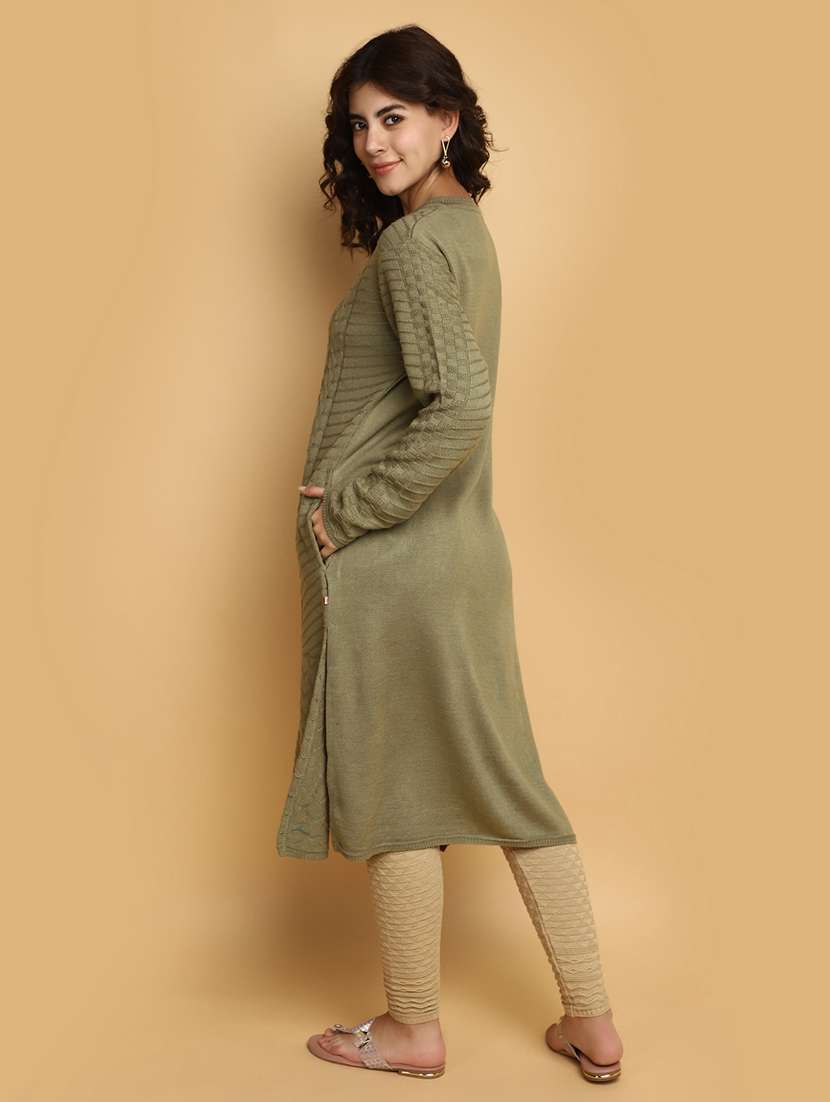 olive self design woolen kurta - 20686080 -  Standard Image - 3
