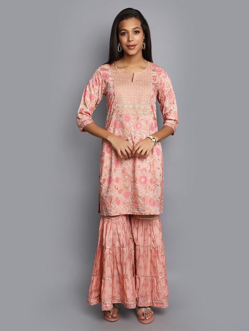 women peach notch neck kurta sharara set - 20686102 - Zoom Image - 0