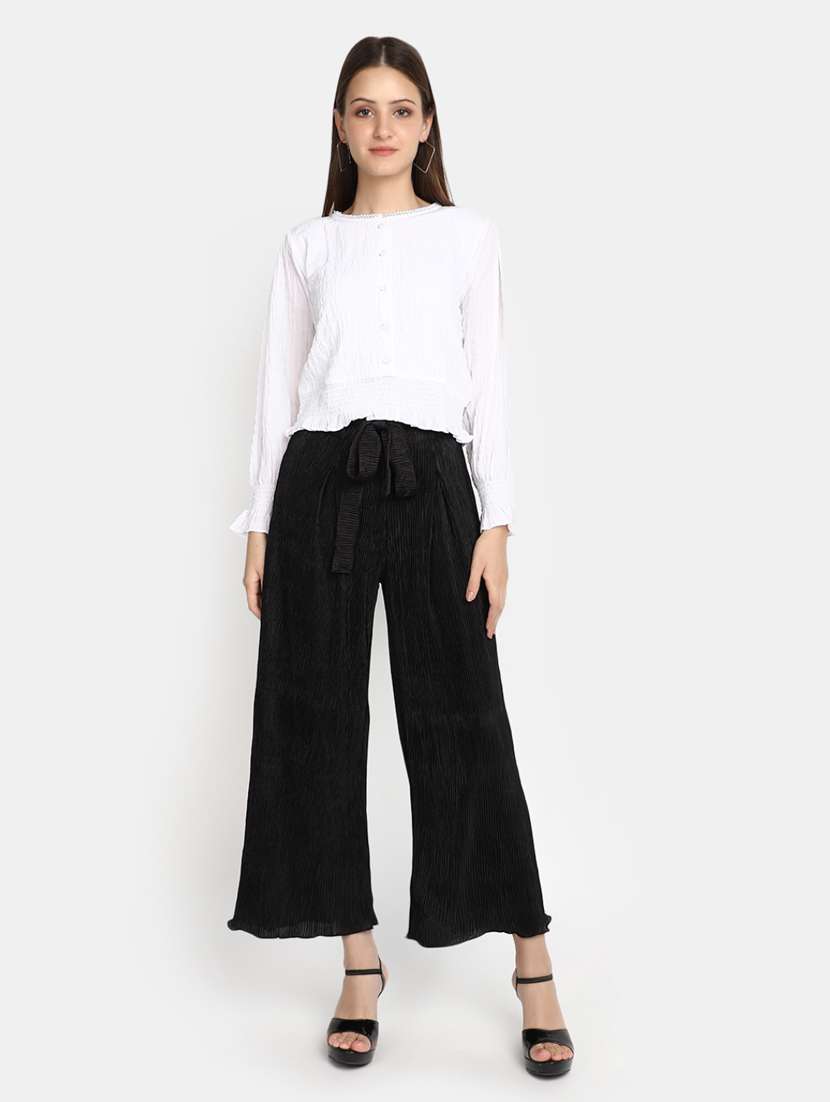 women black self design detailed wide leg trouser - 20686115 -  Standard Image - 3
