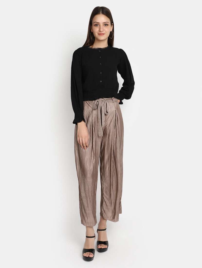 women brown self design detailed wide leg trouser - 20686116 -  Standard Image - 3
