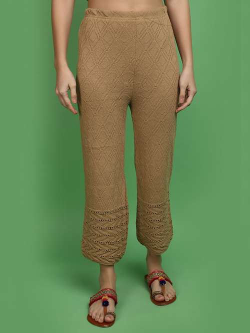 women brown self design detailed trouser - 20686135 -  Standard Image - 0