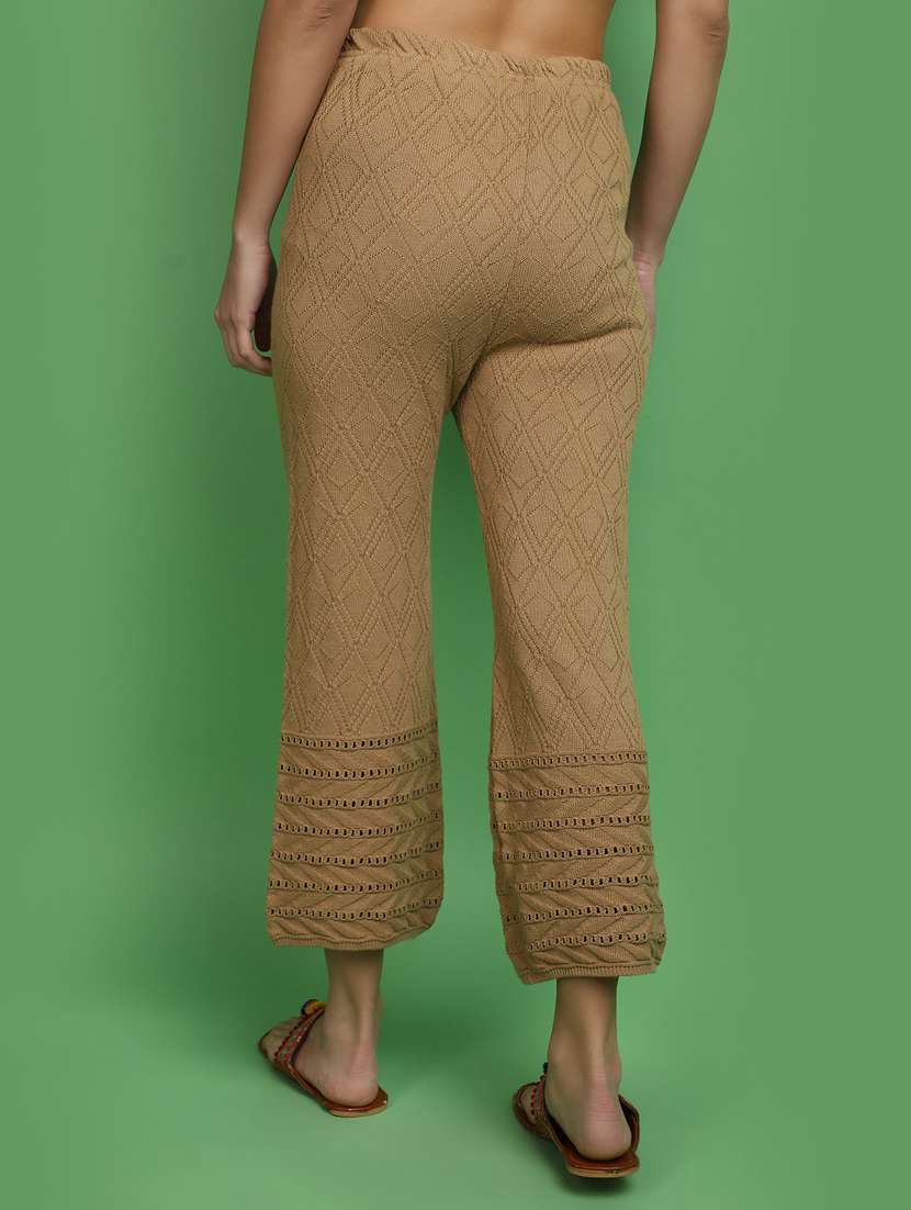 women brown self design detailed trouser - 20686135 -  Standard Image - 3