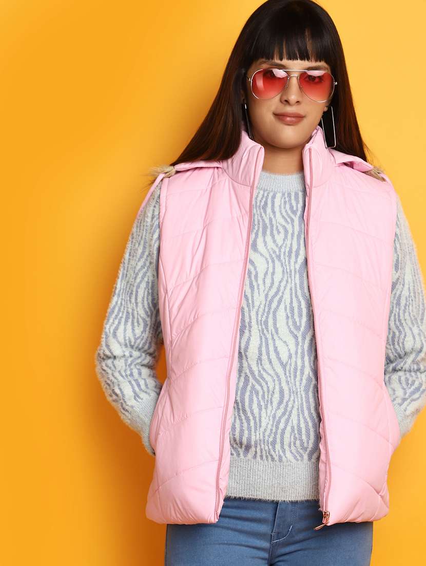 women solid sleeveless bomber jacket - 20686202 -  Standard Image - 3