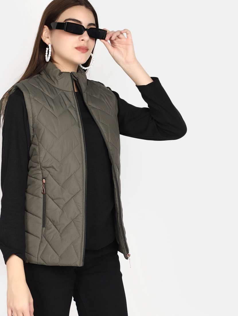 women solid sleeveless bomber jacket - 20686203 -  Standard Image - 3