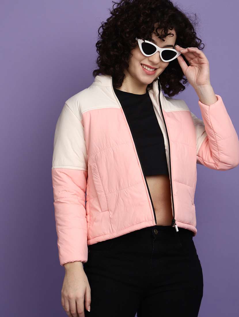 women solid stand collar bomber jacket - 20686210 -  Standard Image - 3