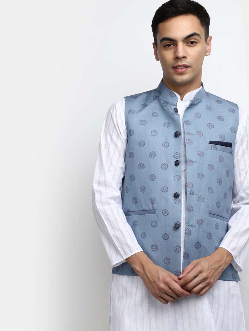 men blue printed mandarin neck nehru jacket - 20686293 -  Standard Image - 3