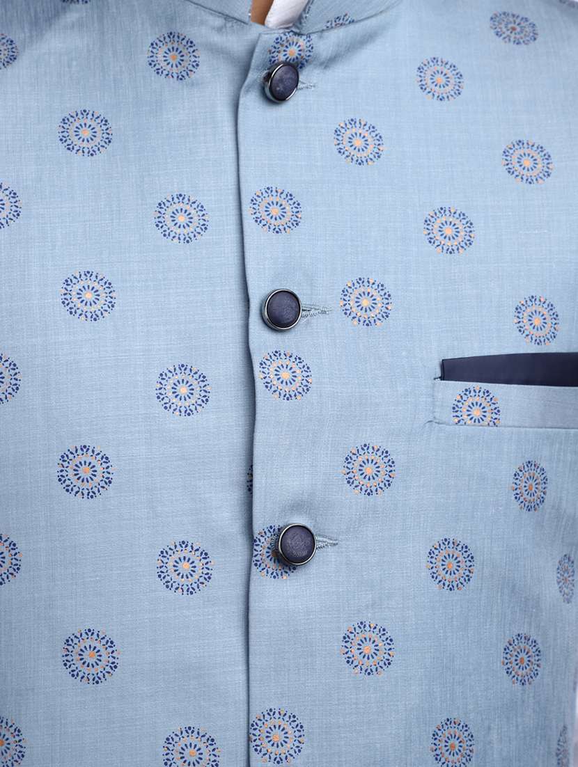 men blue printed mandarin neck nehru jacket - 20686293 -  Standard Image - 5