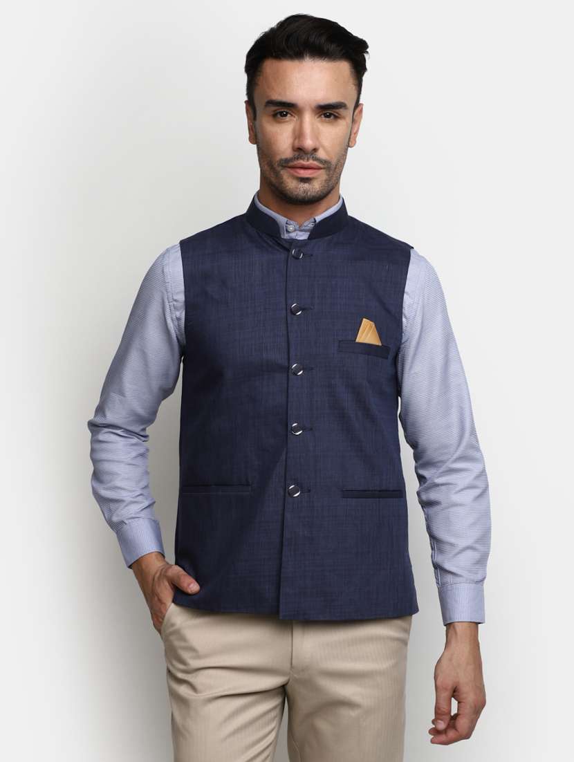 men navy blue solid mandarin neck nehru jacket