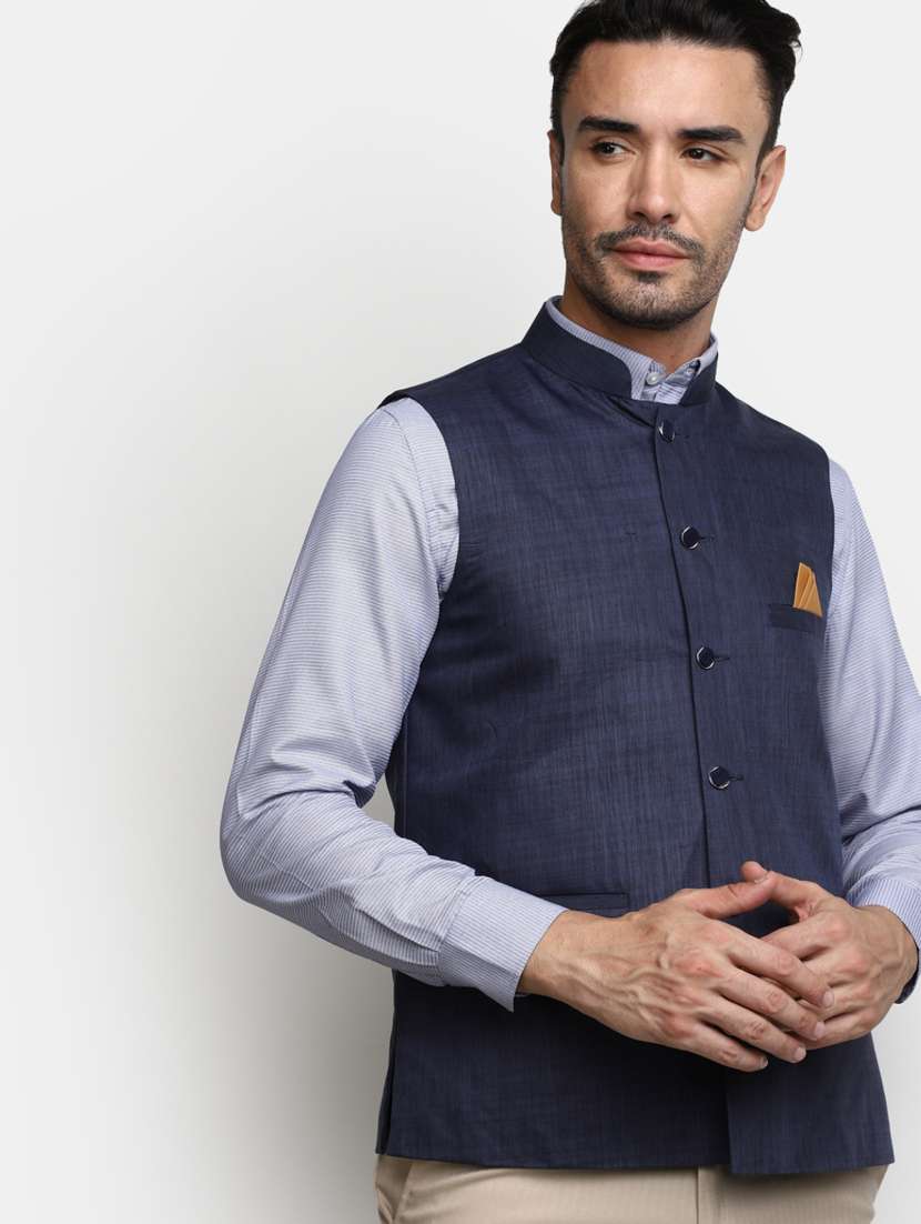 men navy blue solid mandarin neck nehru jacket - 20686294 -  Standard Image - 3