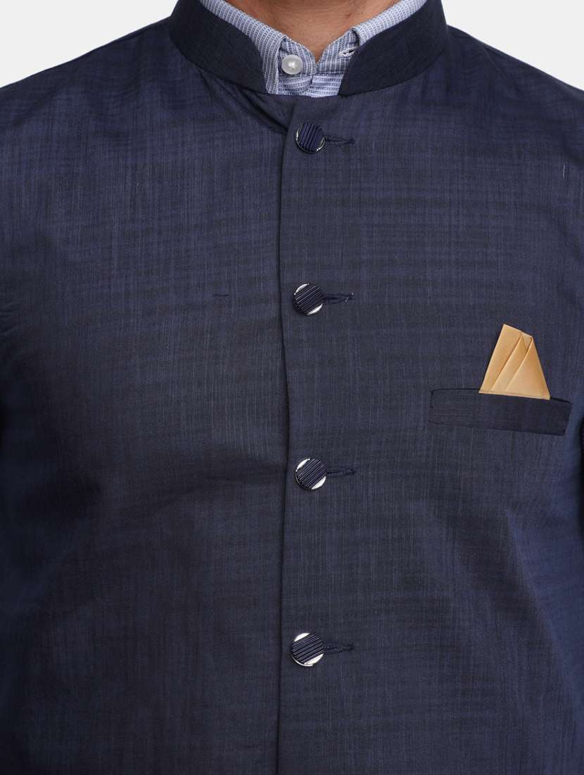 men navy blue solid mandarin neck nehru jacket - 20686294 -  Standard Image - 5