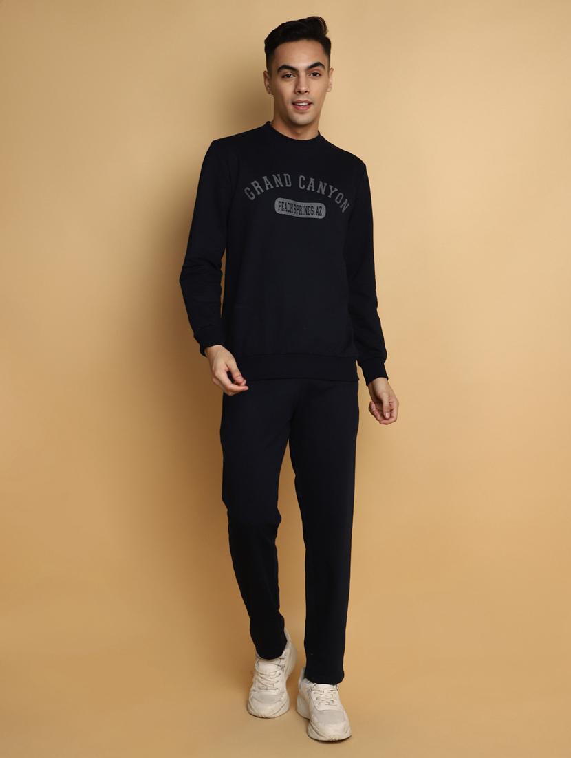 navy blue typographic chest print track suit