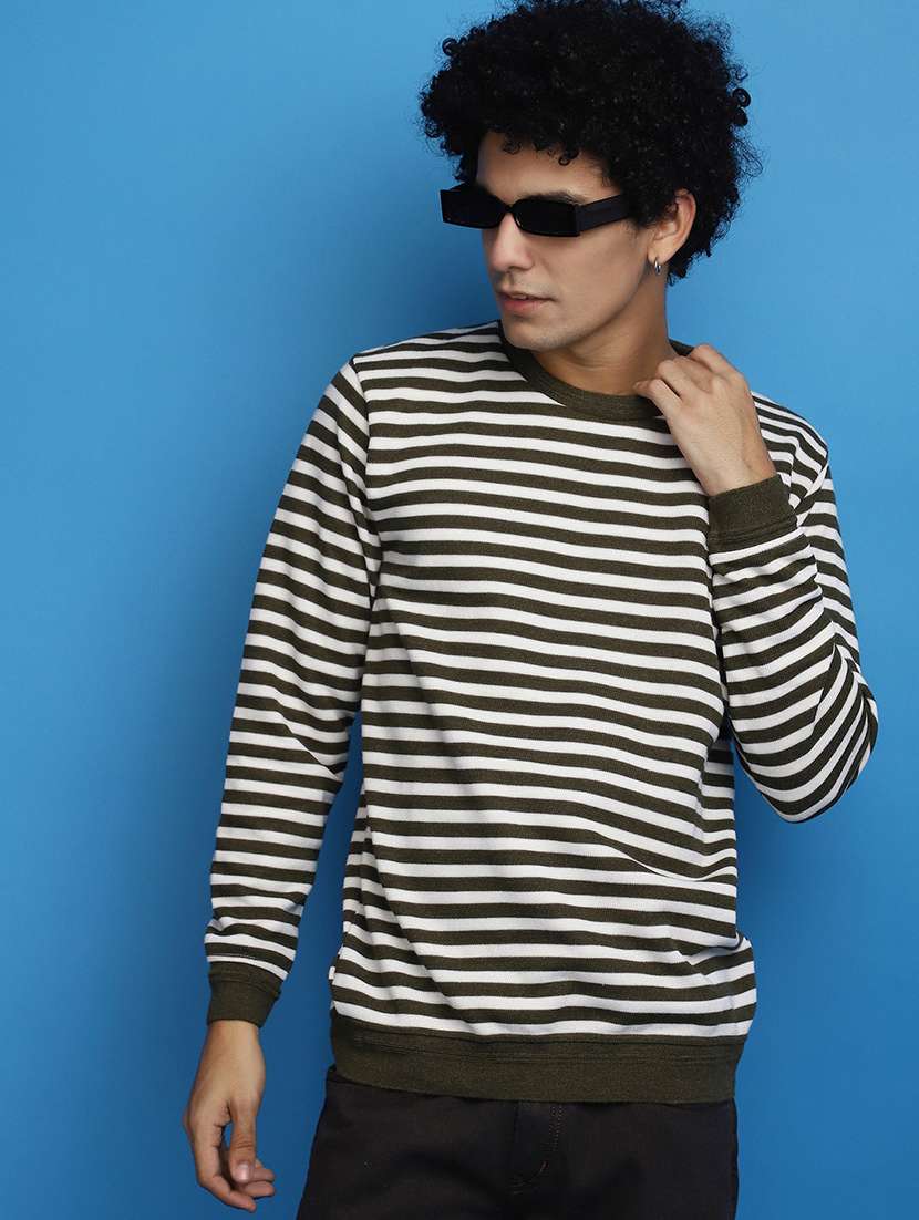 olive green striped round neck sweater - 20686795 - Standard Image - 3
