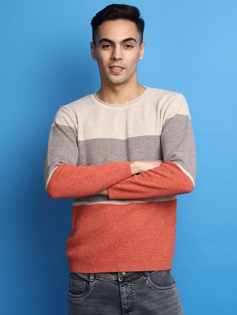 men color block round neck pullover