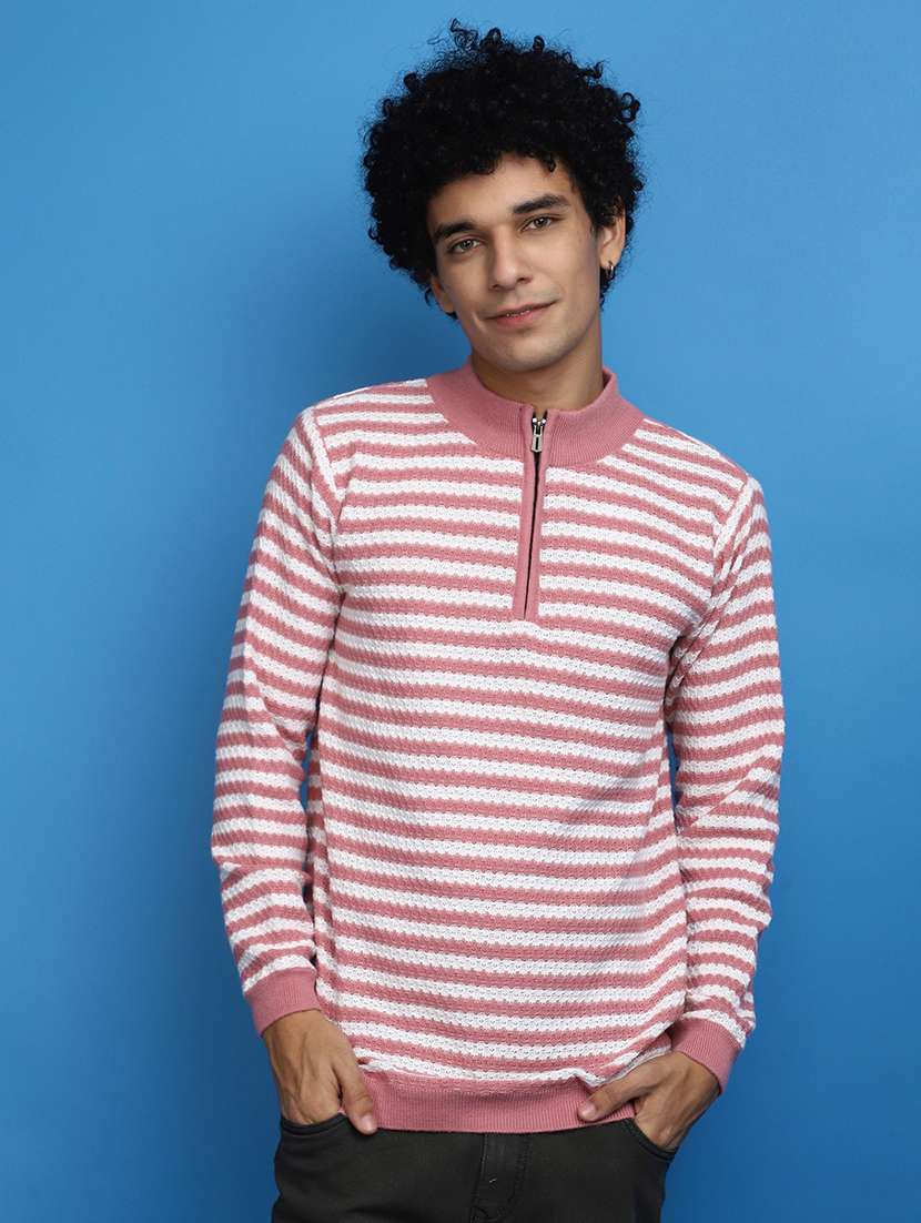 pink striped zipper detailed pullover