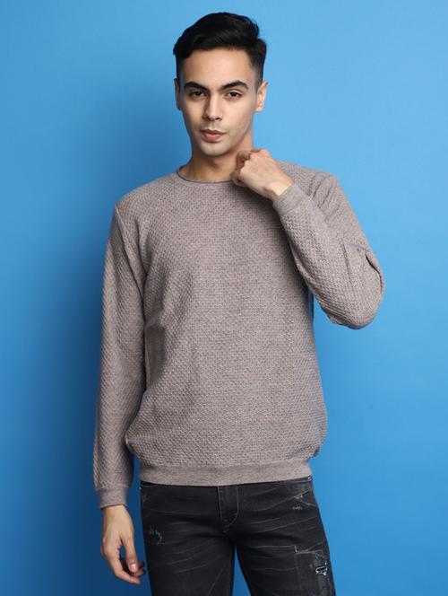 grey self design round neck pullover - 20686805 - Standard Image - 0