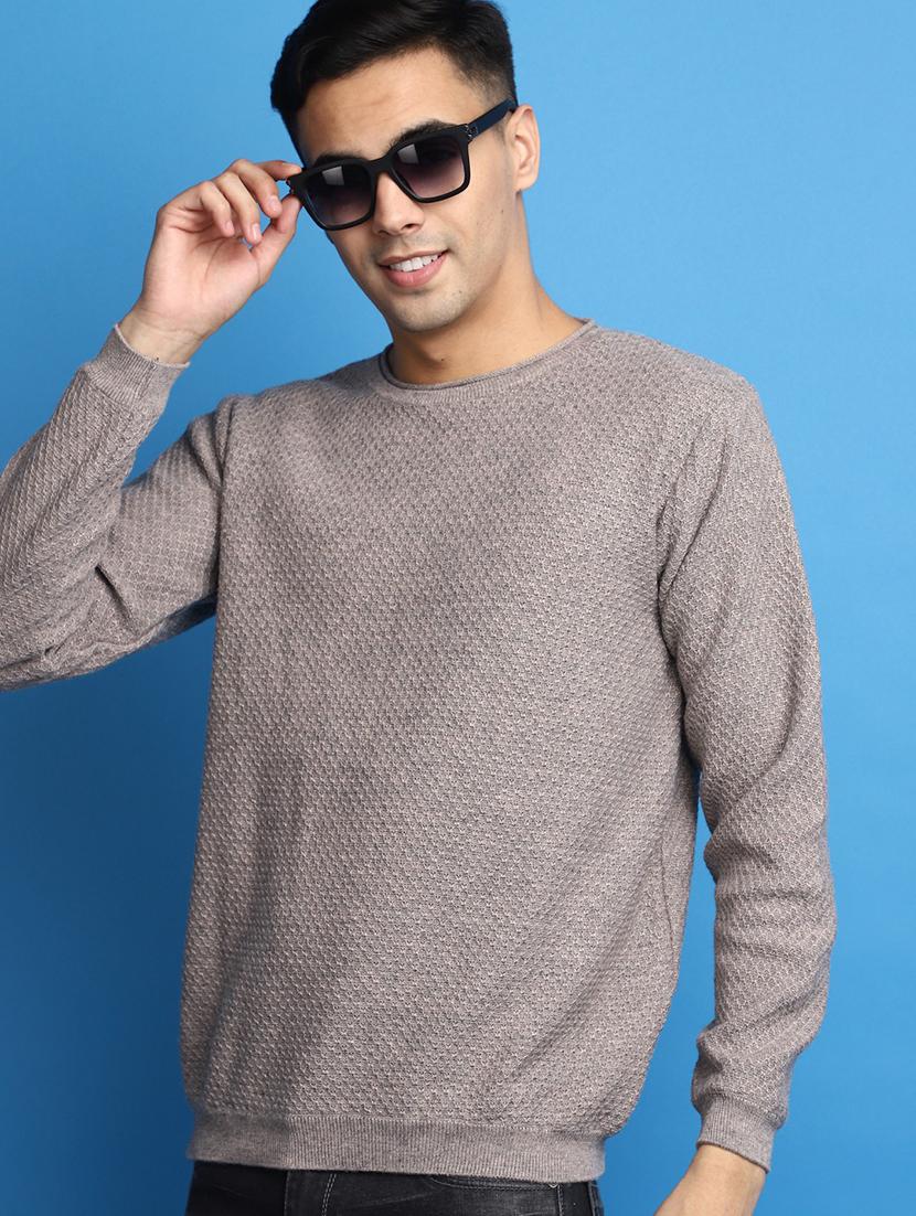 grey self design round neck pullover - 20686805 - Standard Image - 3
