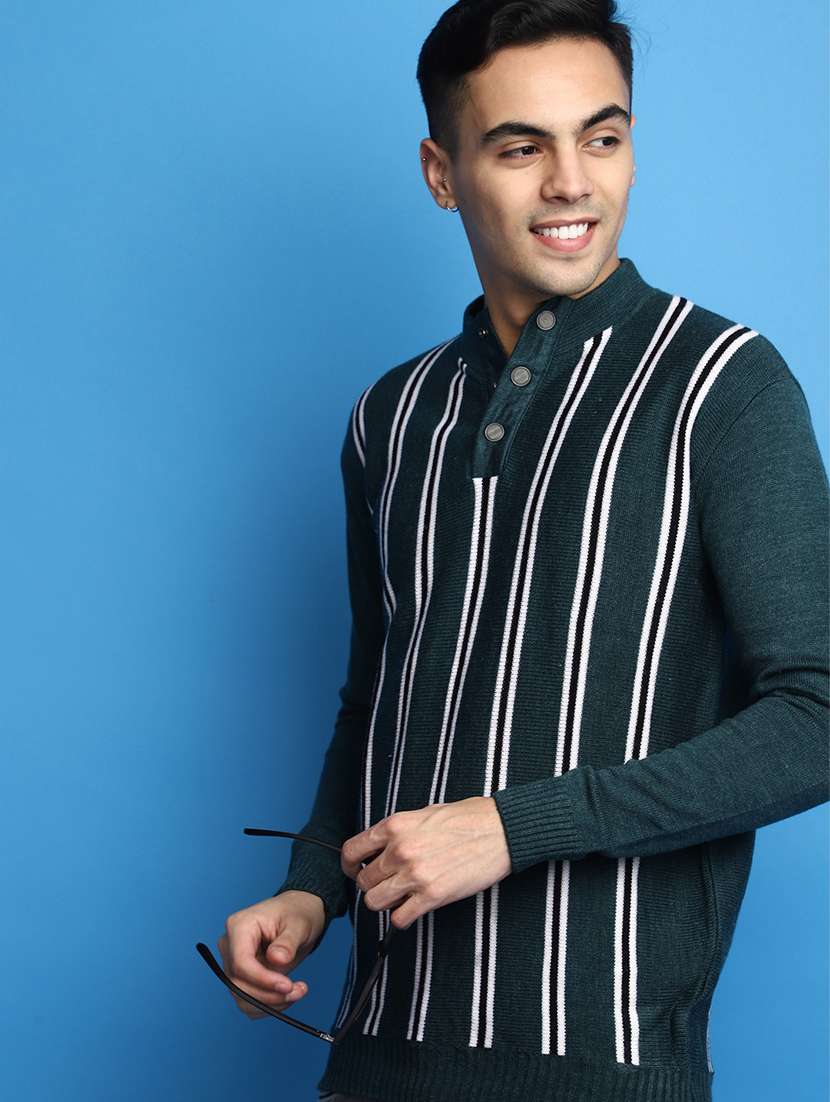 green vertical striped button detailed pullover - 20686809 -  Standard Image - 3