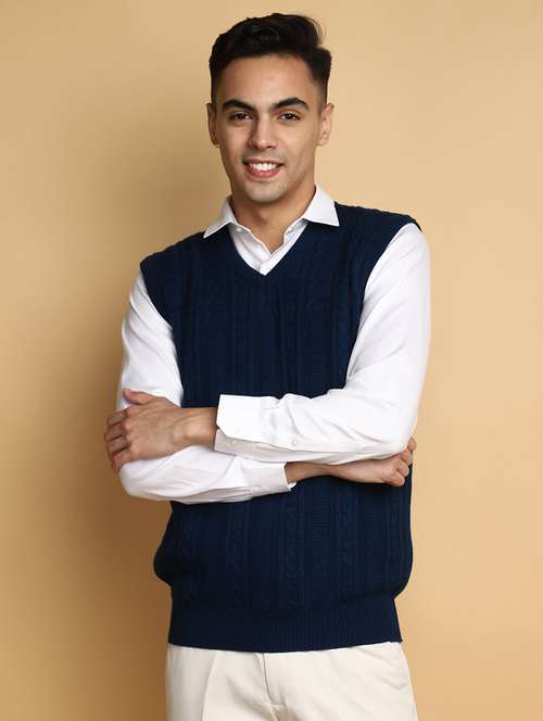 blue self design sleeveless pullover - 20686825 -  Standard Image - 0