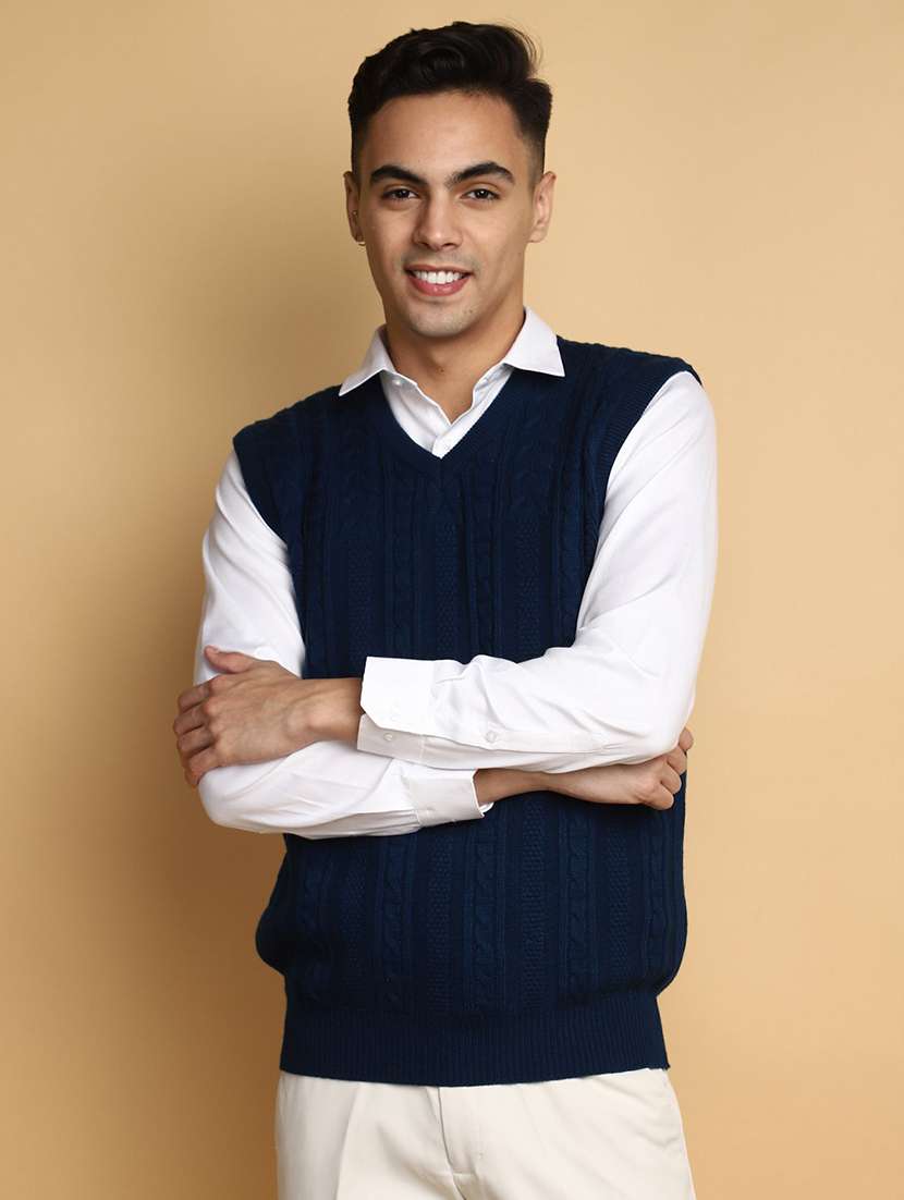 blue self design sleeveless pullover