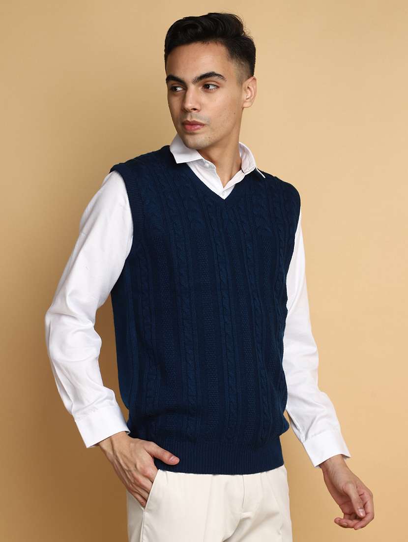 blue self design sleeveless pullover - 20686825 -  Standard Image - 3