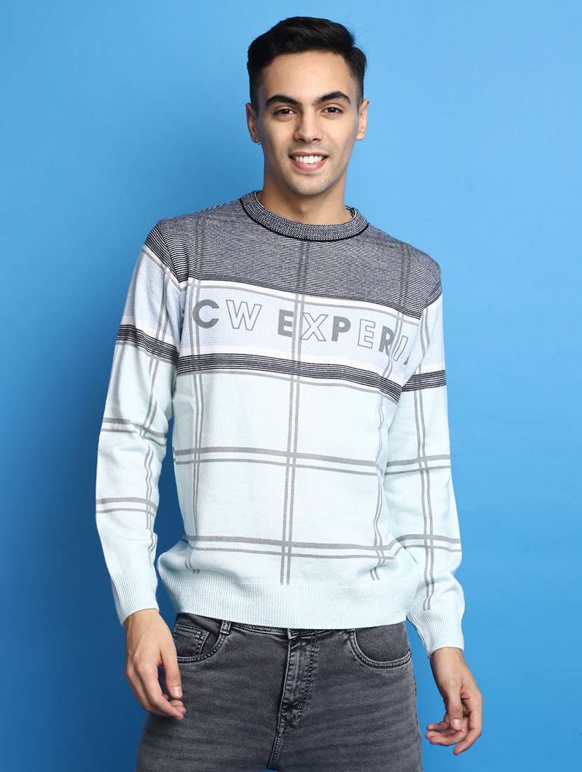 grey printed detailed round neck pullover