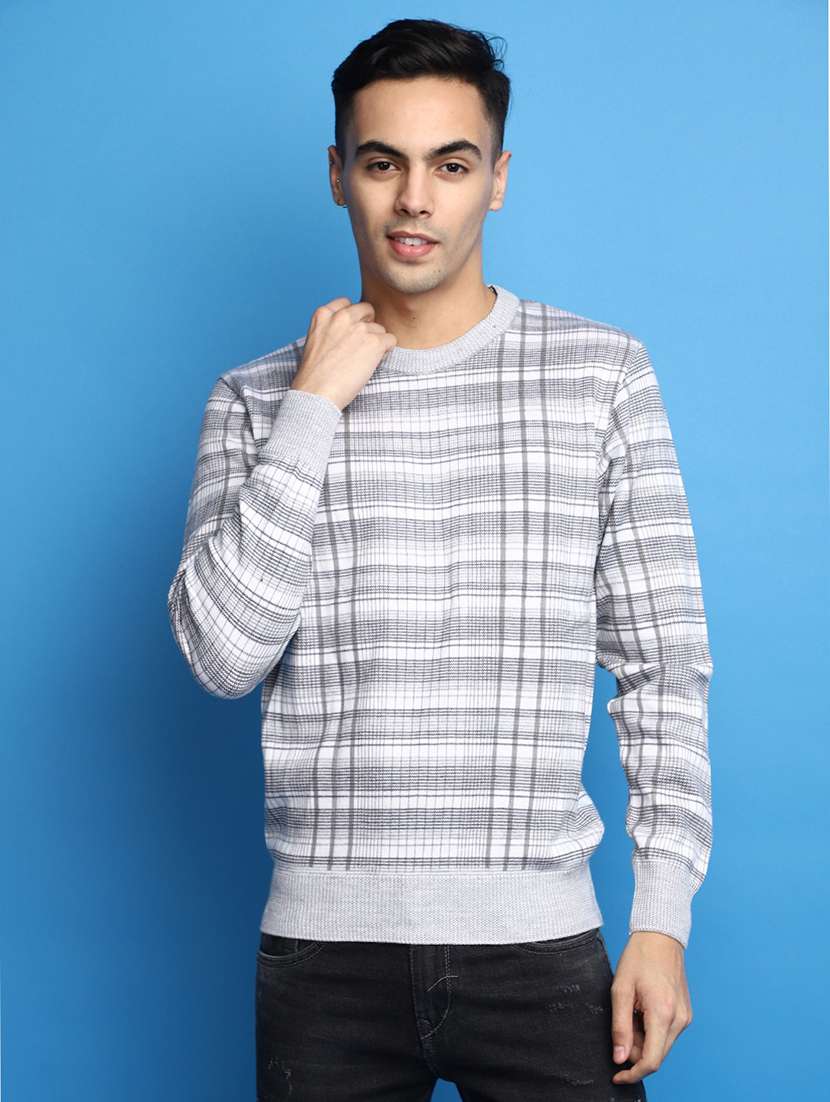 grey checked round neck pullover