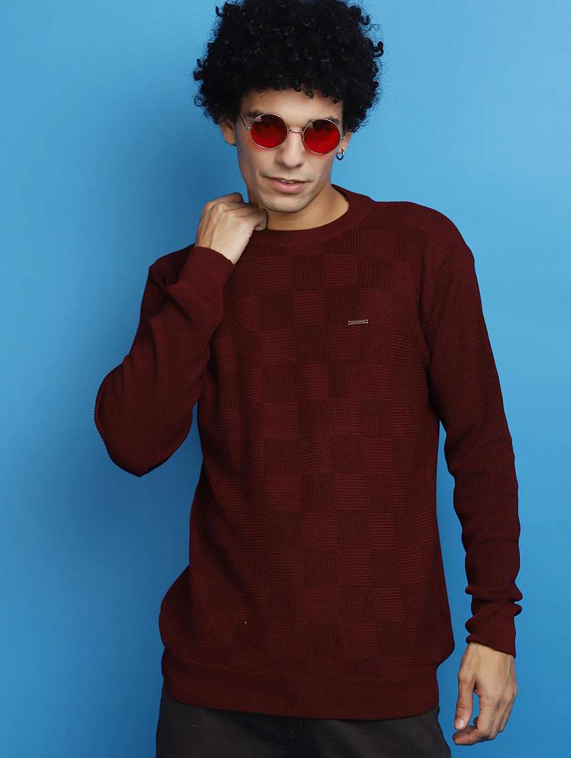 maroon self design round neck pullover - 20686836 - Standard Image - 3