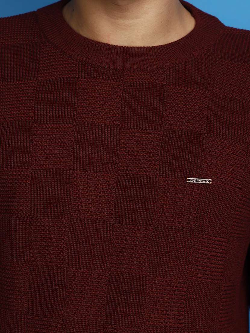 maroon self design round neck pullover - 20686836 - Standard Image - 5