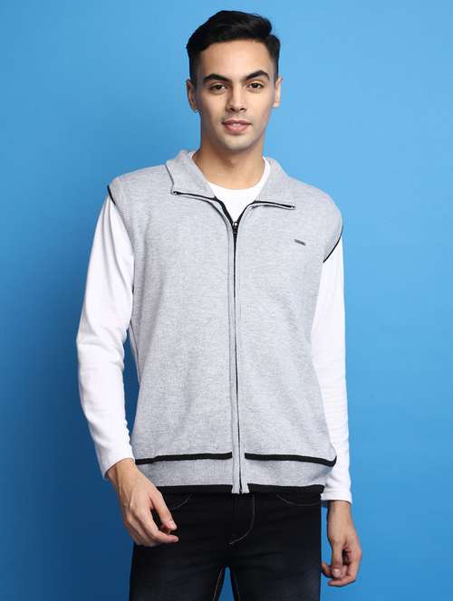 solid grey sleeveless zipper cardigan - 20686839 -  Standard Image - 0