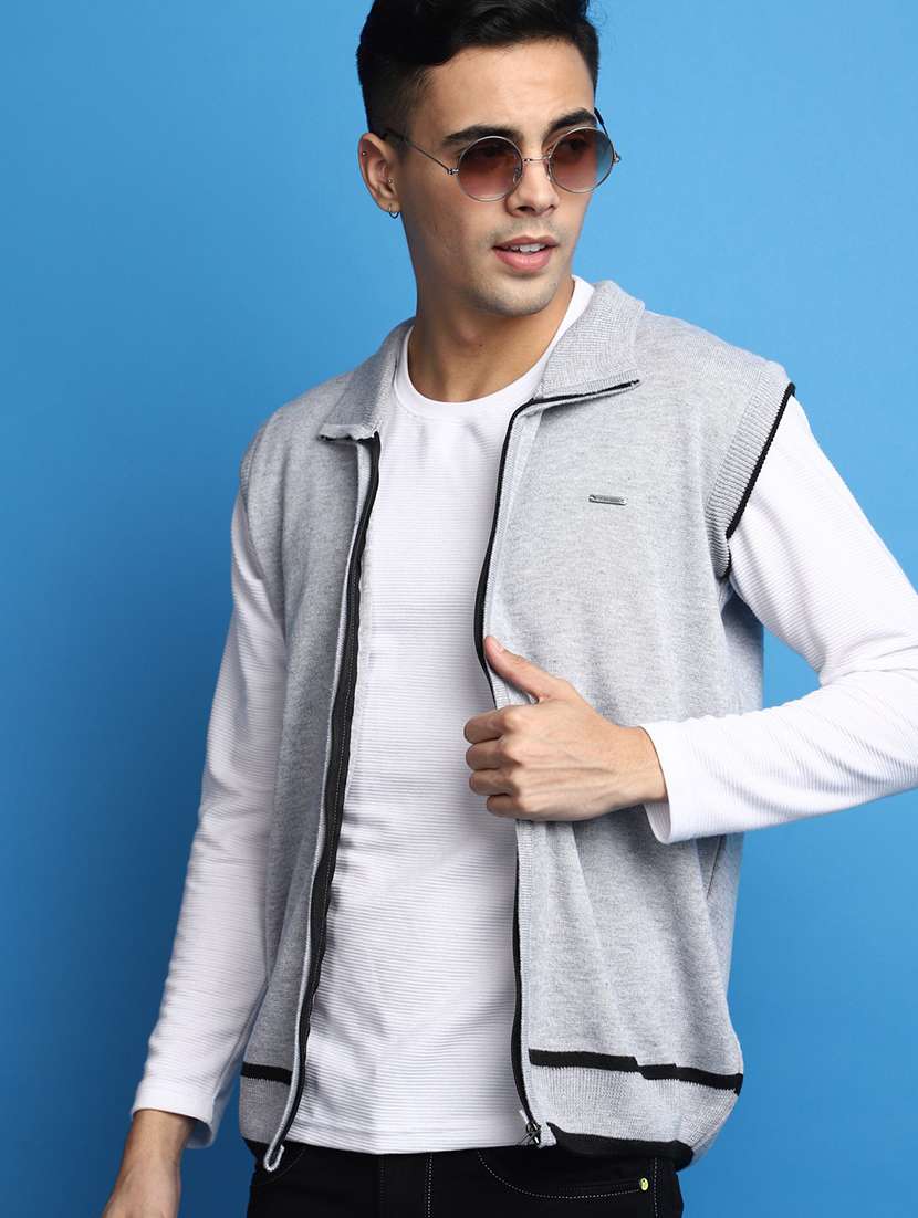 solid grey sleeveless zipper cardigan - 20686839 -  Standard Image - 3