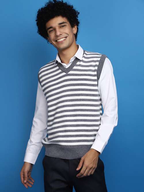 grey striped sleeveless v-neck pullover - 20686845 -  Standard Image - 0