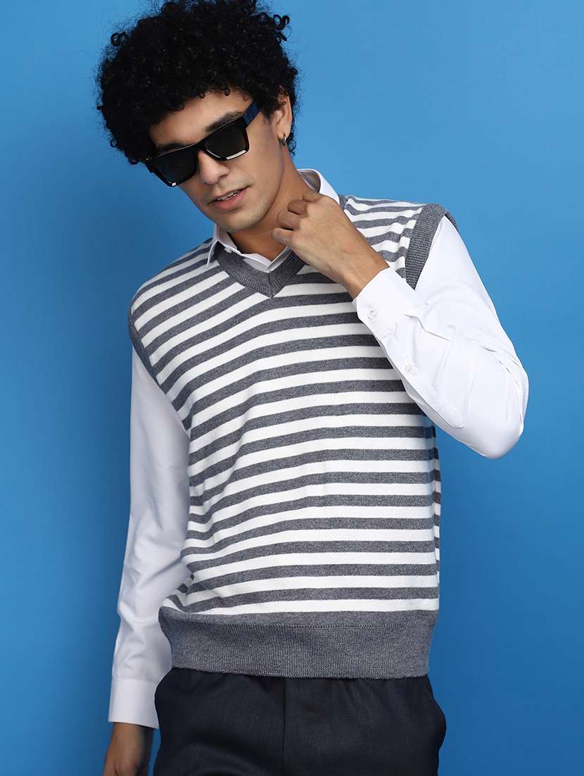 grey striped sleeveless v-neck pullover - 20686845 -  Standard Image - 3