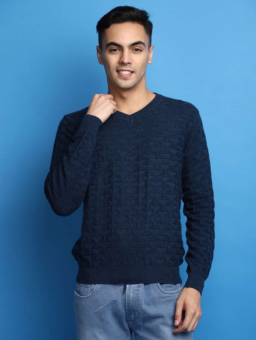 blue self design v-neck pullover