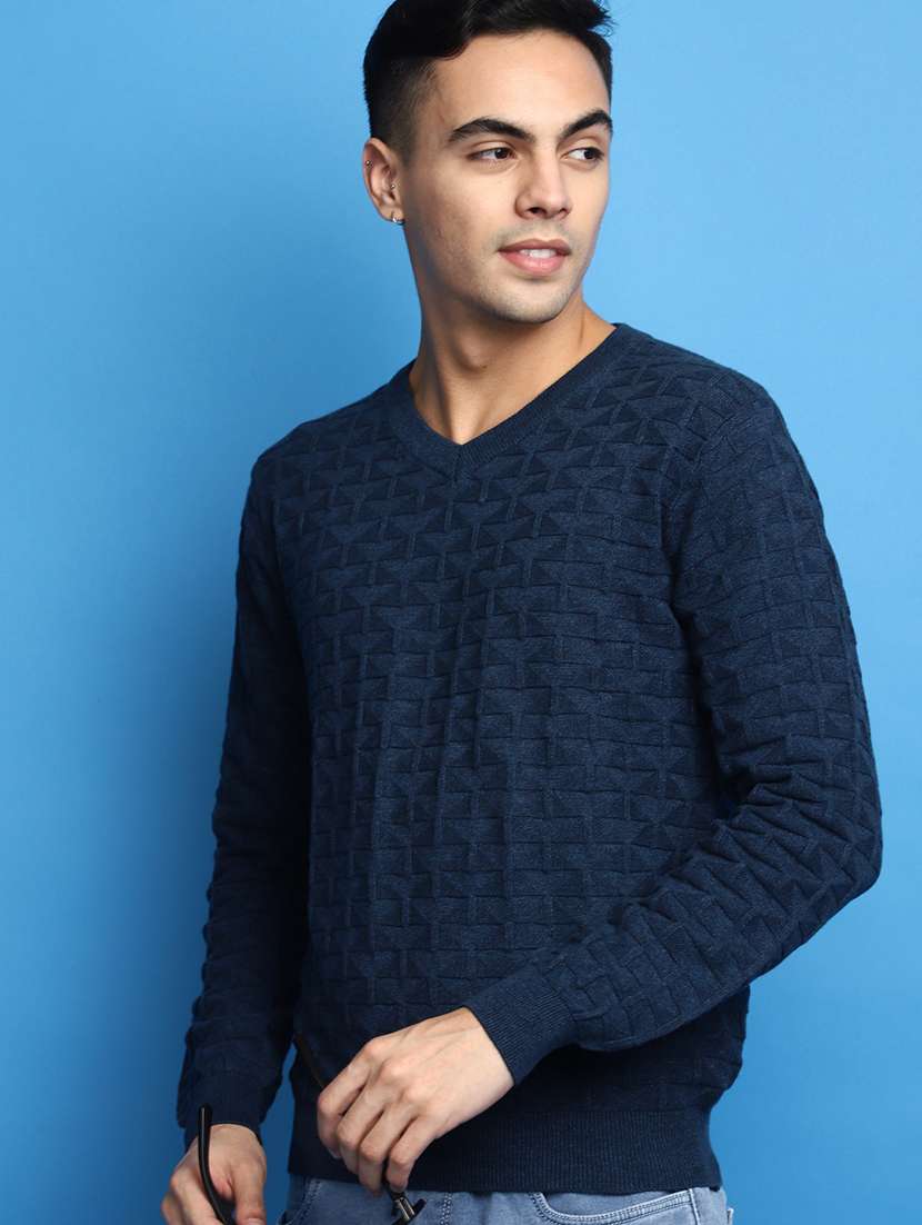 blue self design v-neck pullover - 20686847 -  Standard Image - 3